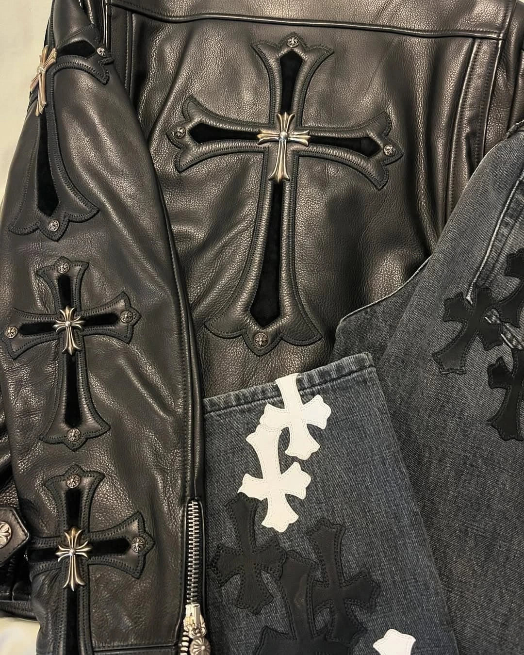 Gothic Cross Leather Biker Jacket