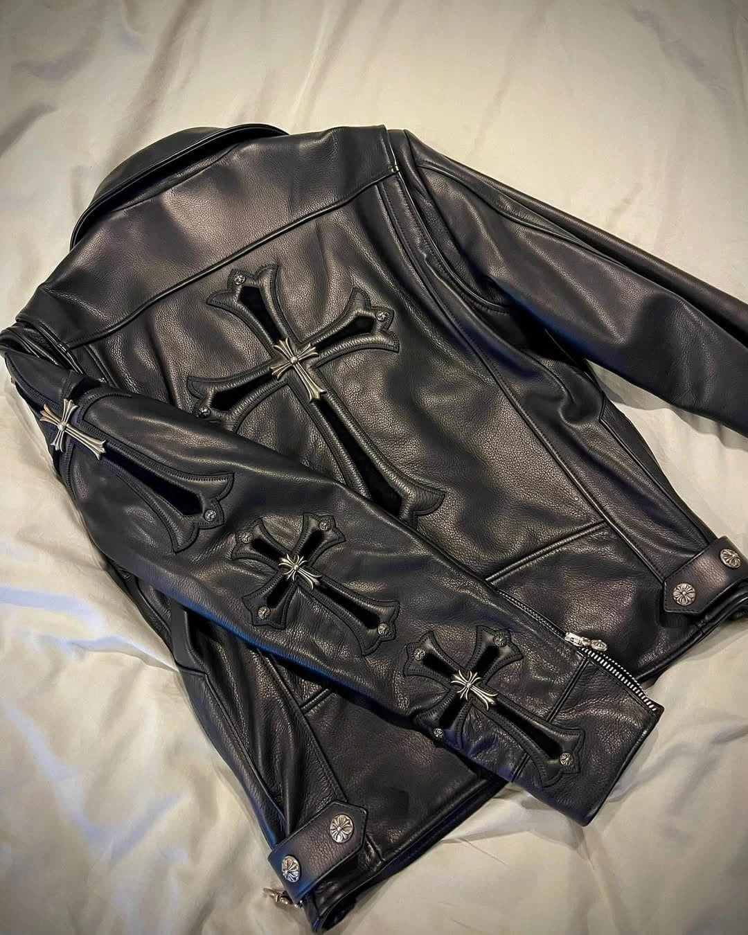 Gothic Cross Leather Biker Jacket