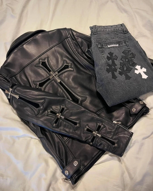 Gothic Cross Leather Biker Jacket