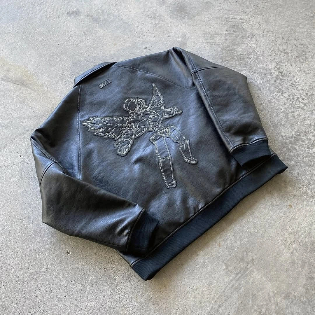 Black Futuristic Angel Leather Jacket