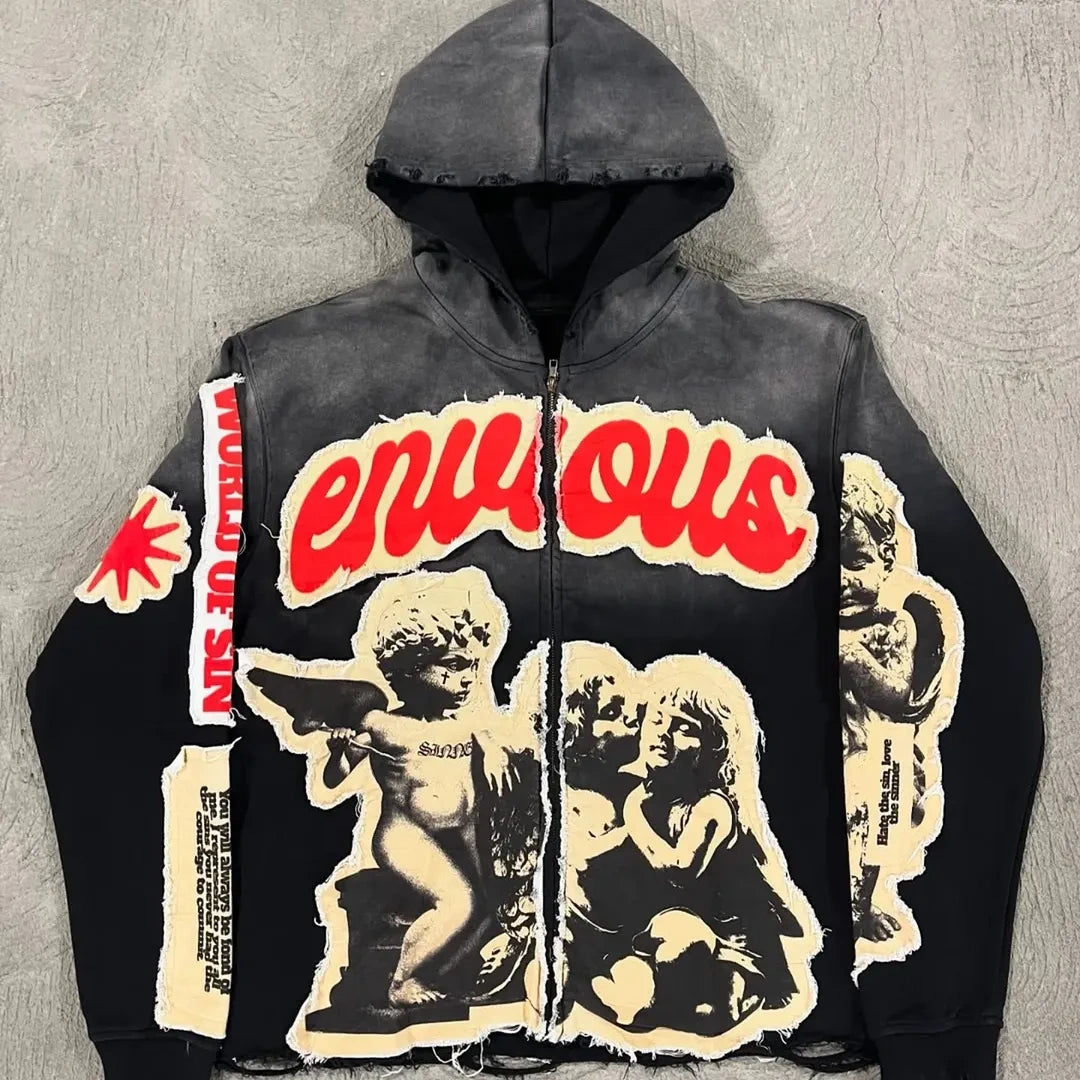 "Envious" Angel Graphic Zip-Up Hoodie