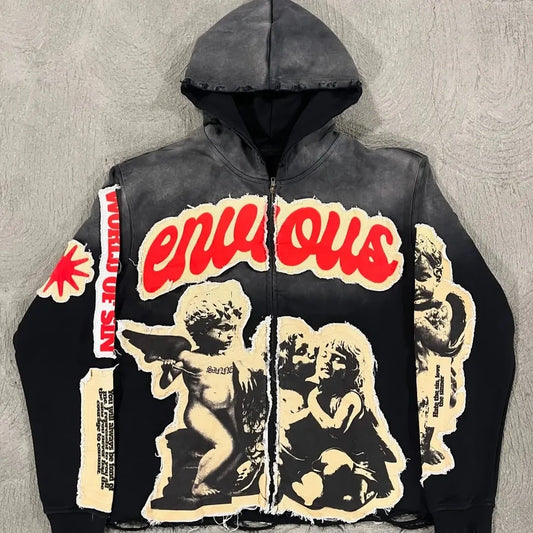 "Envious" Angel Graphic Zip-Up Hoodie
